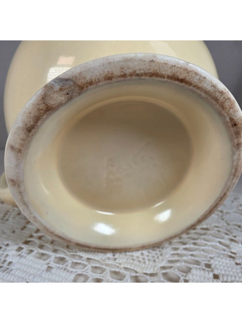 Vintage Fiesta Ivory Ice Lip Pitcher 9 1/2" Wide 7" Tall With Minor Chips On Bas - Picture 8 of 8